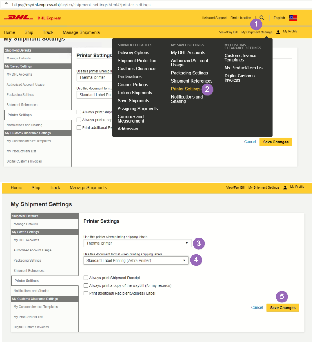 DHL website 4x6 label layout settings