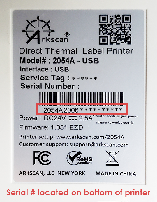 Arkscan Serial Number Tag 2054A